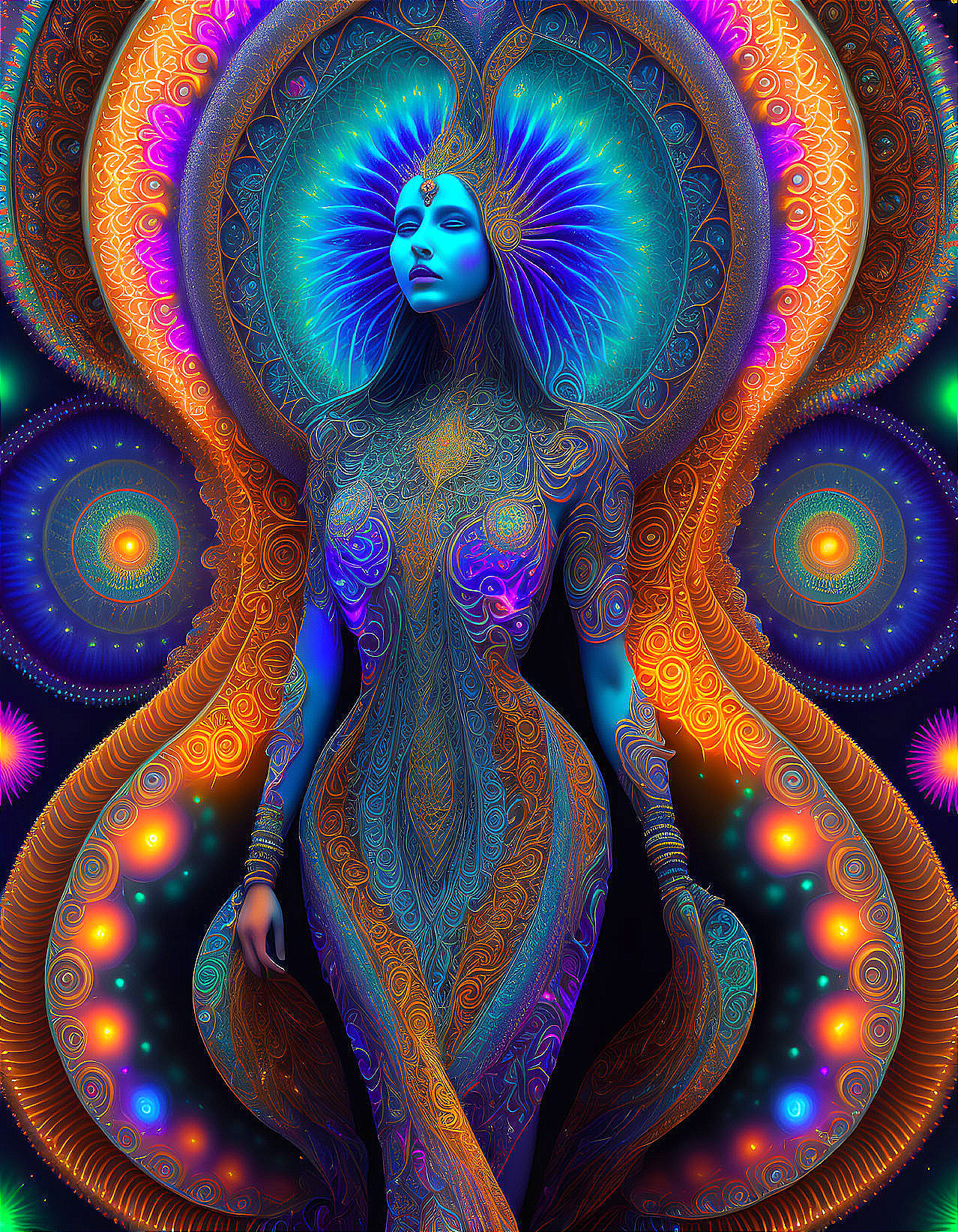 Vibrant blue humanoid figure in psychedelic digital art