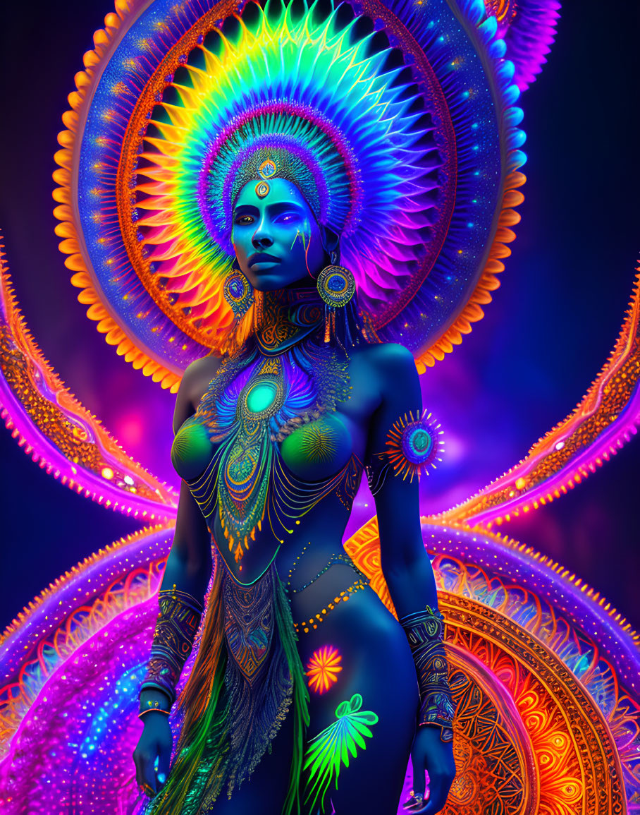 Vibrant digital artwork: Blue-skinned female with intricate body art against psychedelic mandala background