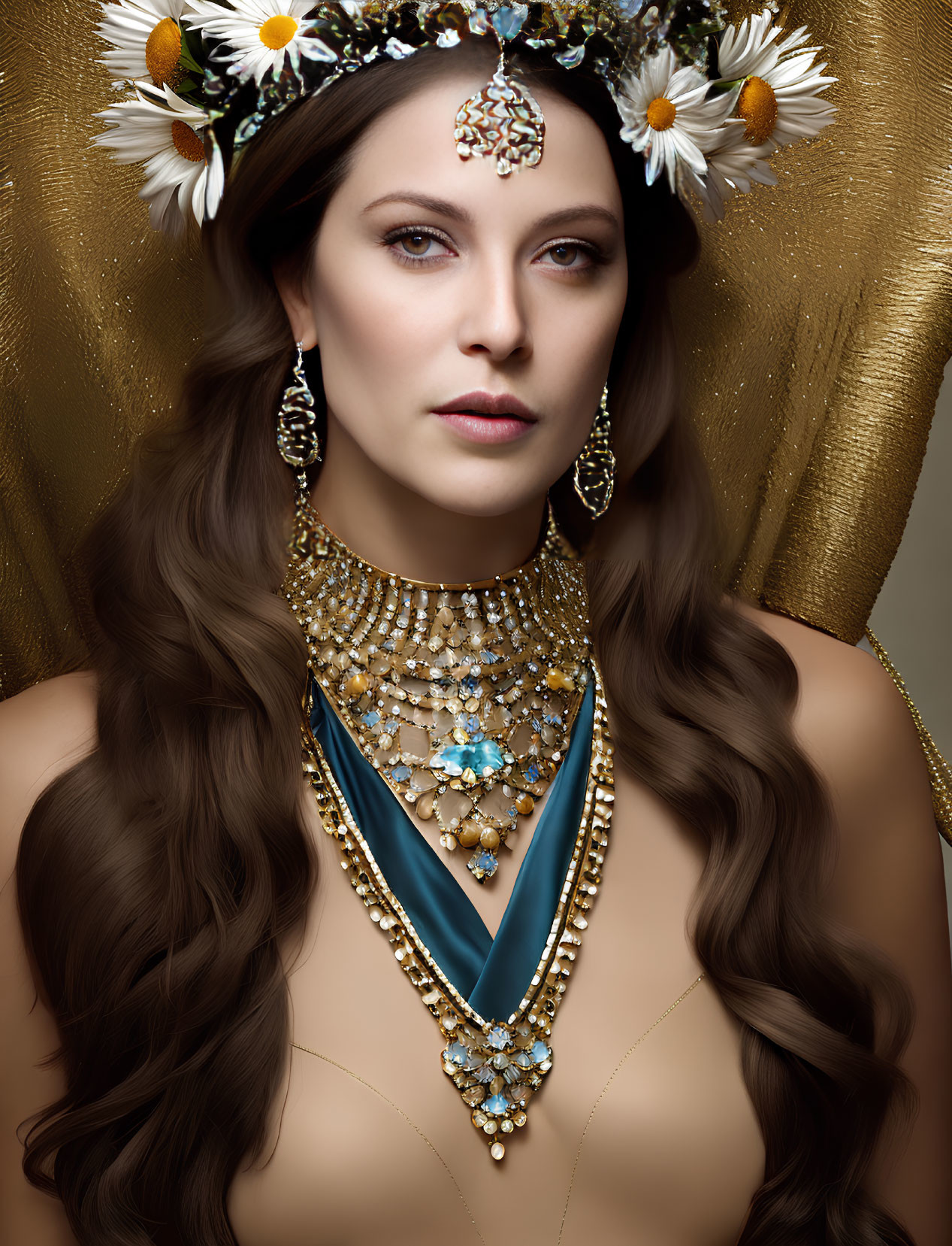 Woman with floral headpiece and jewelry on golden background