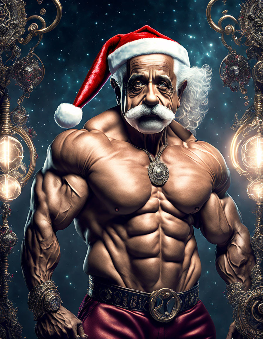 Muscular Santa Claus in festive attire against ornate backdrop