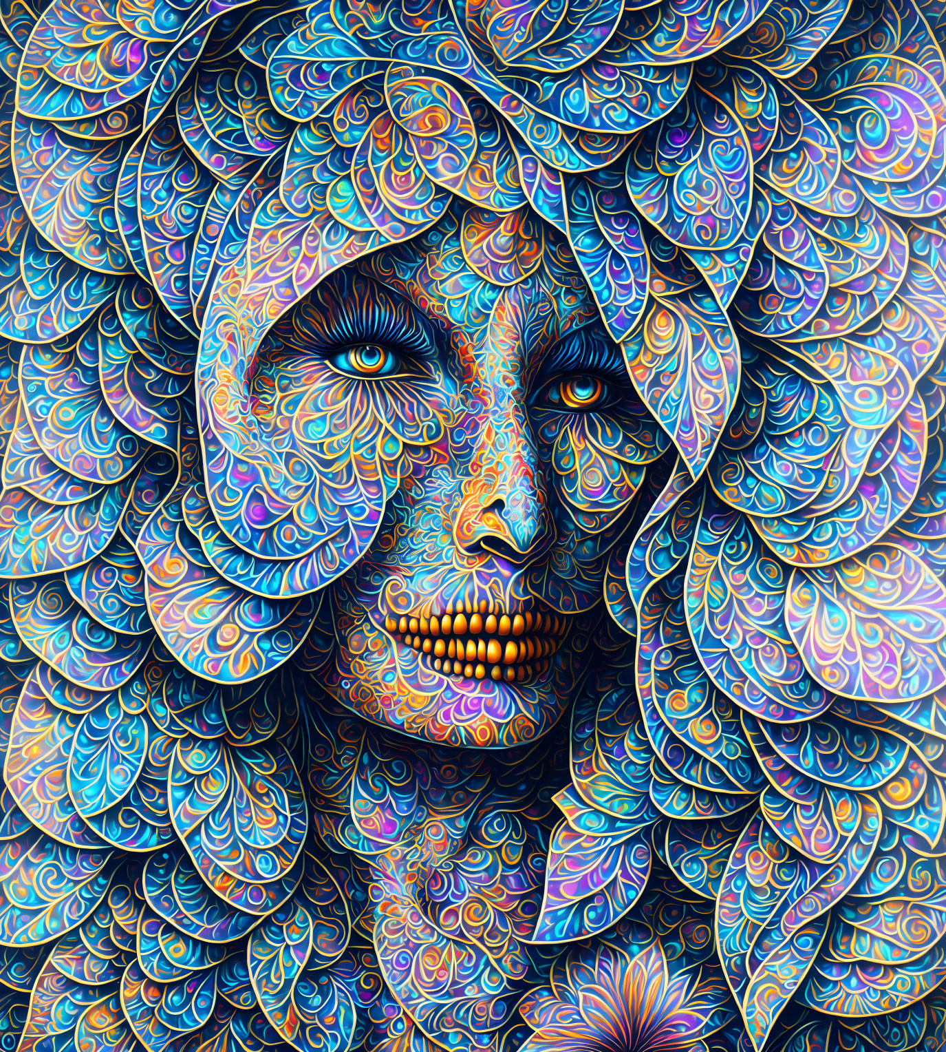 Colorful abstract portrait with intricate patterns and swirling colors.