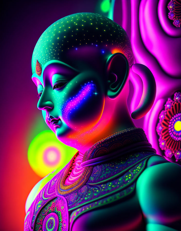 Neon-colored digital artwork of serene figure with intricate designs