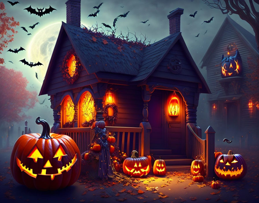 Haunted house, jack-o'-lanterns, bats, full moon, autumn foliage in spooky Halloween