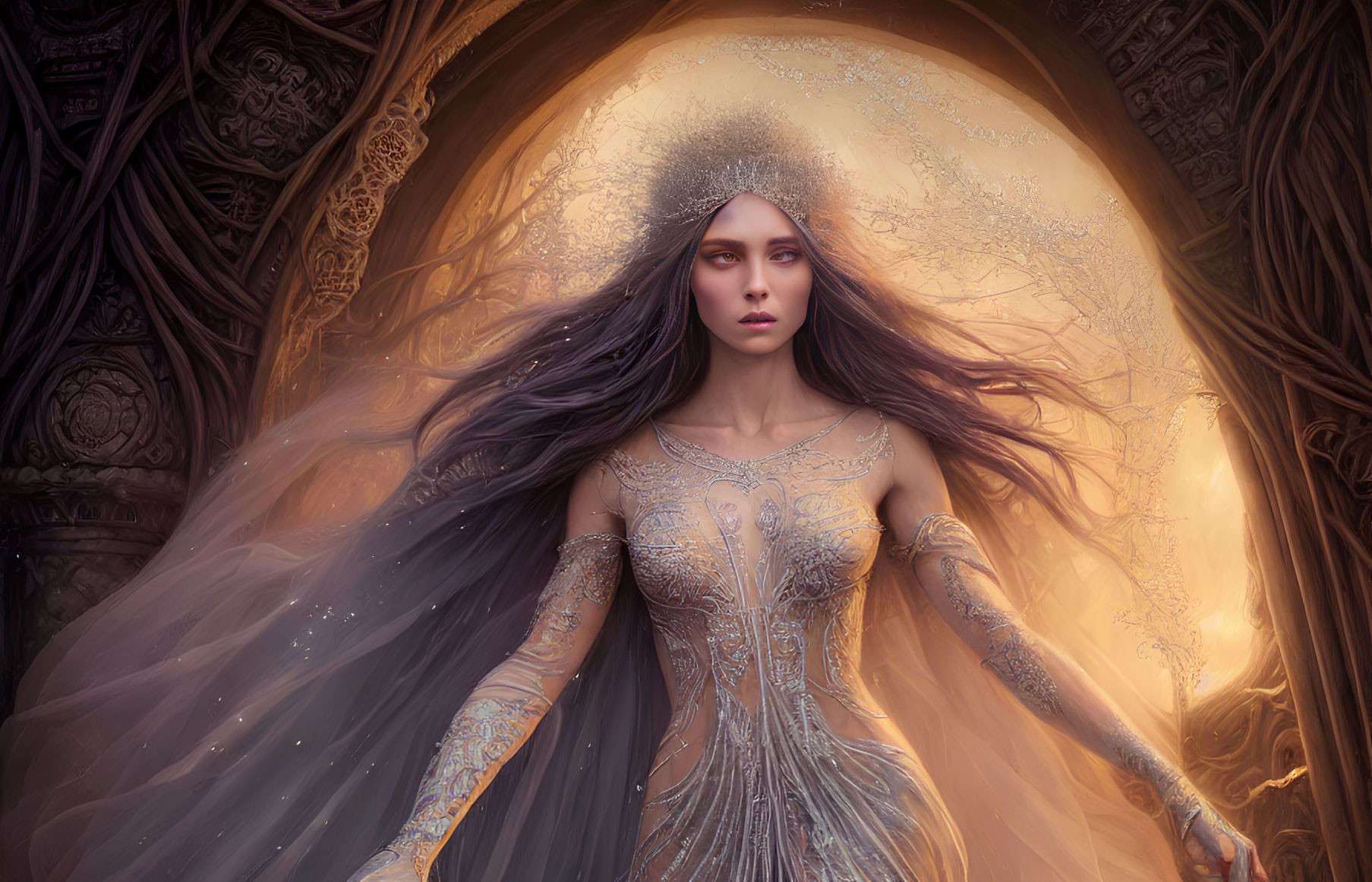 Ethereal woman in ornate attire by intricate arch