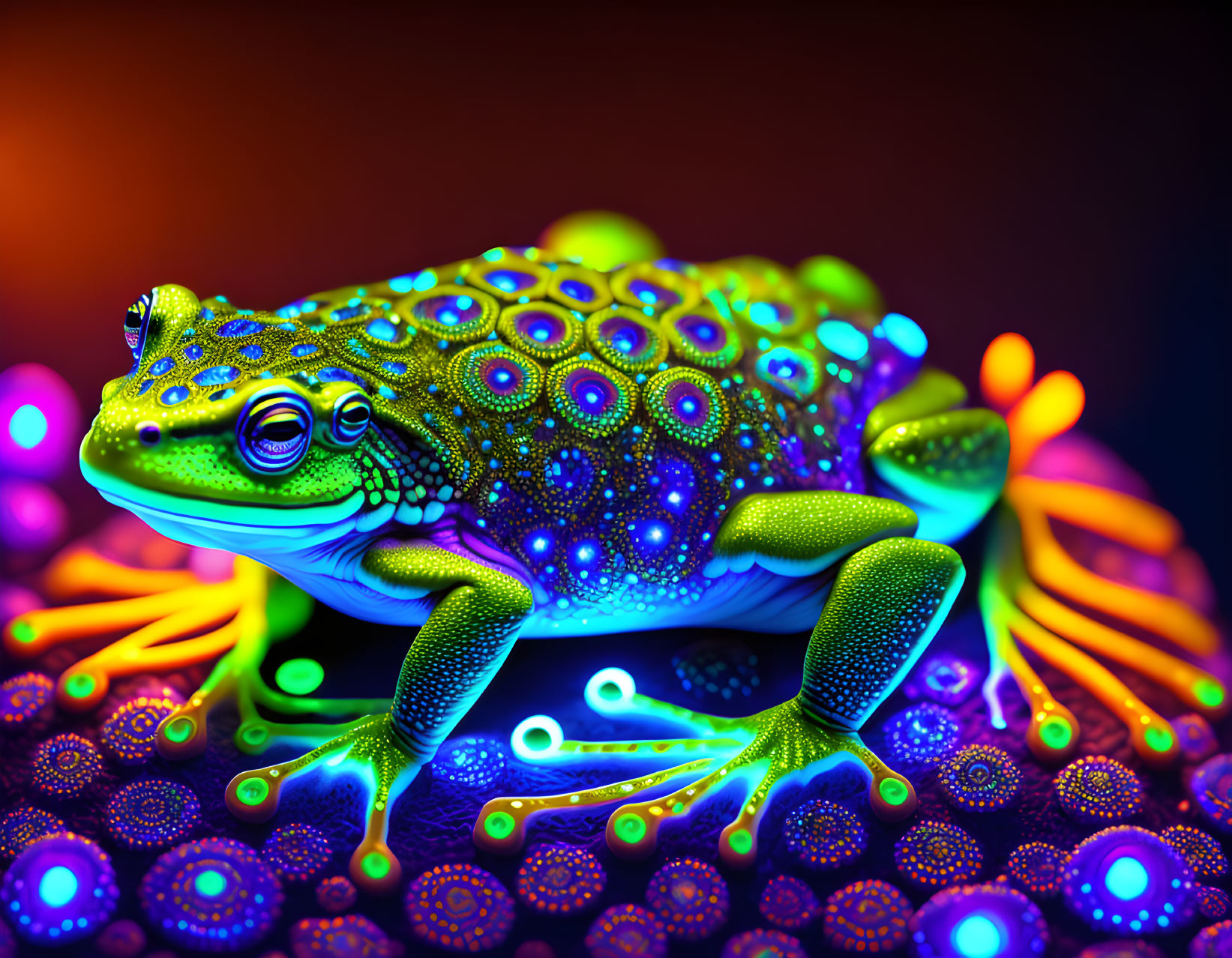 Vibrant neon green frog art on dark background