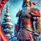 Armored Santa Claus in Festive Border on Snowy Landscape