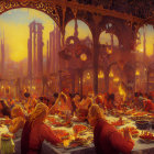 Opulent banquet scene in ornate hall with people in red tones dining and conversing under warm lighting