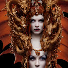 Stylized portrait of two women with dragon-themed headpieces on black background