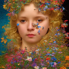 Detailed Digital Art Portrait of Young Woman with Floral and Faunal Elements