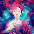 Portrait of a woman with cosmos and nebula overlay for surreal effect