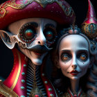 Detailed 3D rendering: Skeleton couple in regal attire with dark theme