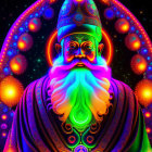 Colorful digital artwork of bearded figure with bishop's mitre and psychedelic patterns