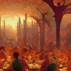 Medieval banquet in grand hall with Gothic arches and warm golden light