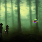 Person in Afro and Suit in Foggy Forest with Colorful Soap Bubbles