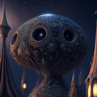 Detailed metallic alien creature with expressive eyes in surreal setting