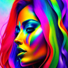 Colorful digital artwork: woman with multicolored hair and rainbow makeup on neon background