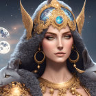 Mystical woman with horns and celestial orb in starry sky