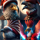 Four eagle illustrations with human-like features in Santa hats, striking poses on starlit background