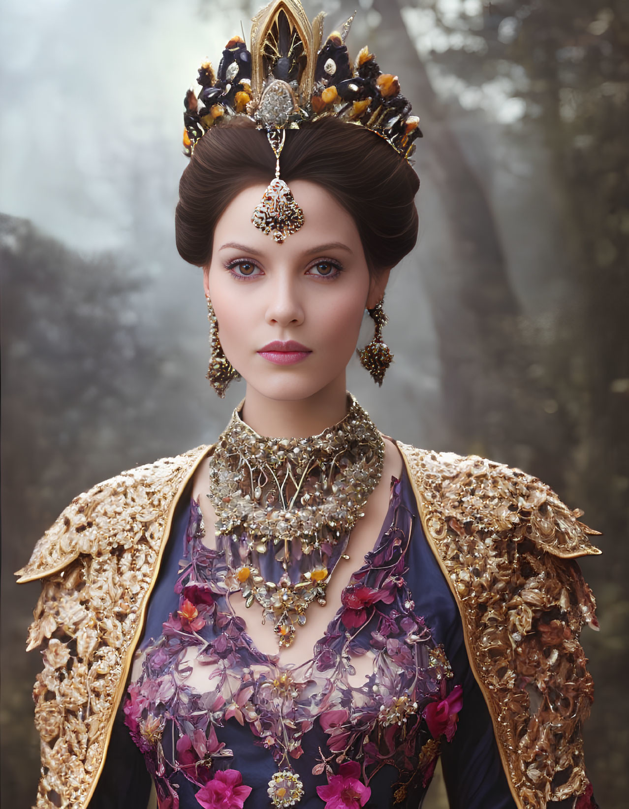 Regal woman in ornate attire in misty woodland