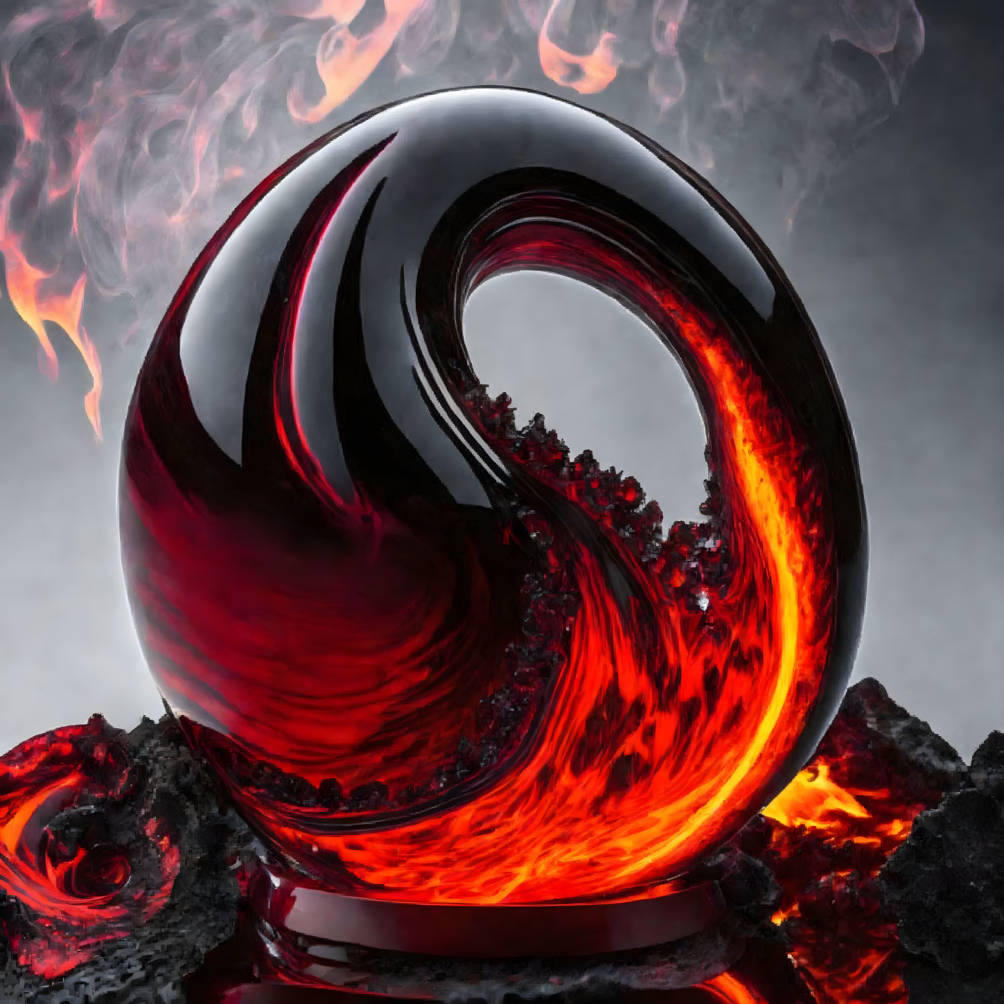 Red and Black Swirling Flame Sculpture on Smoky Background