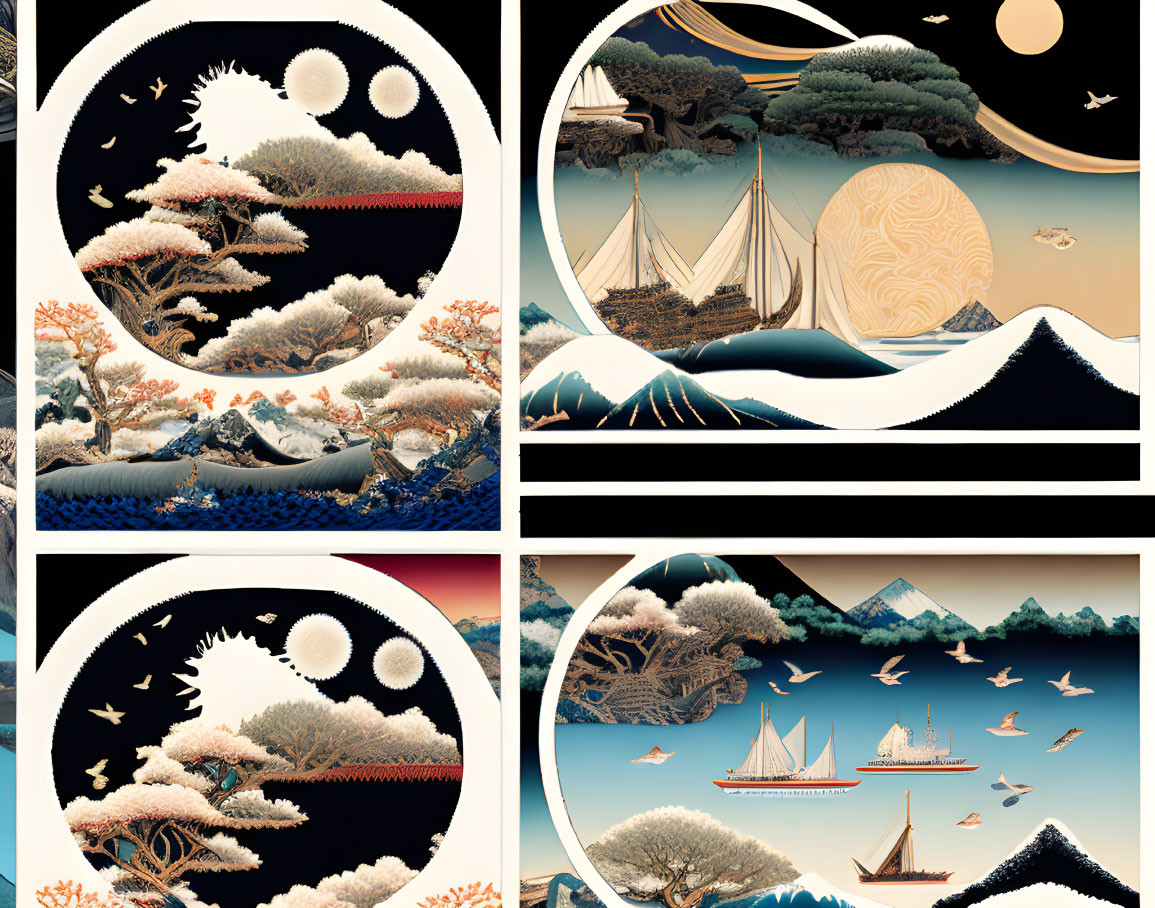 Four-panel artwork of mountain landscapes, trees, sailboats, moons, and birds in Asian style