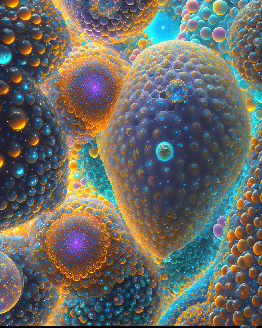 Colorful digital artwork: Glowing spheres with intricate patterns in blue, orange, and purple