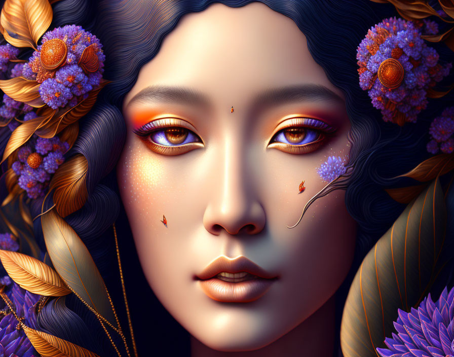 Digital portrait of a woman with glowing amber eyes, purple flowers, and gold leaves.