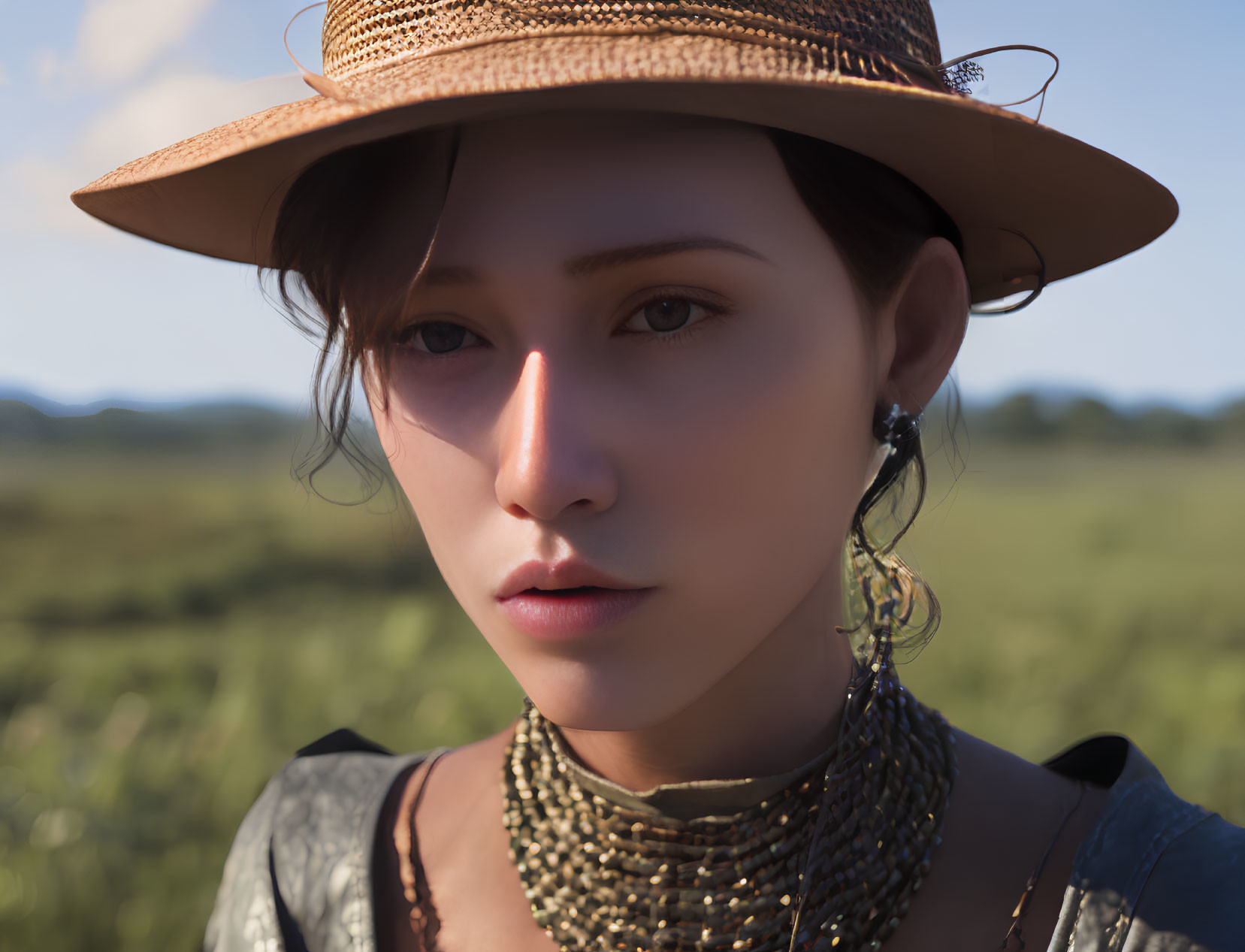 Photorealistic digital artwork of woman with hat gazing into distance