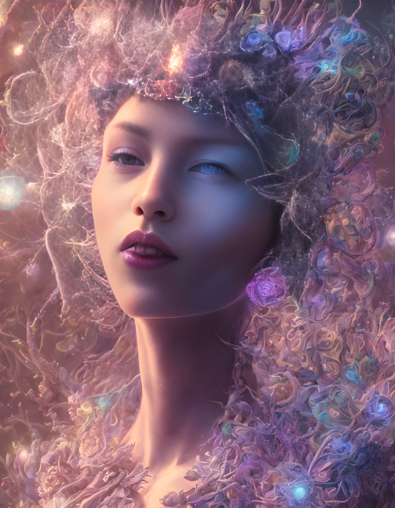 Ethereal portrait of a woman with glowing flowers and mystical aura