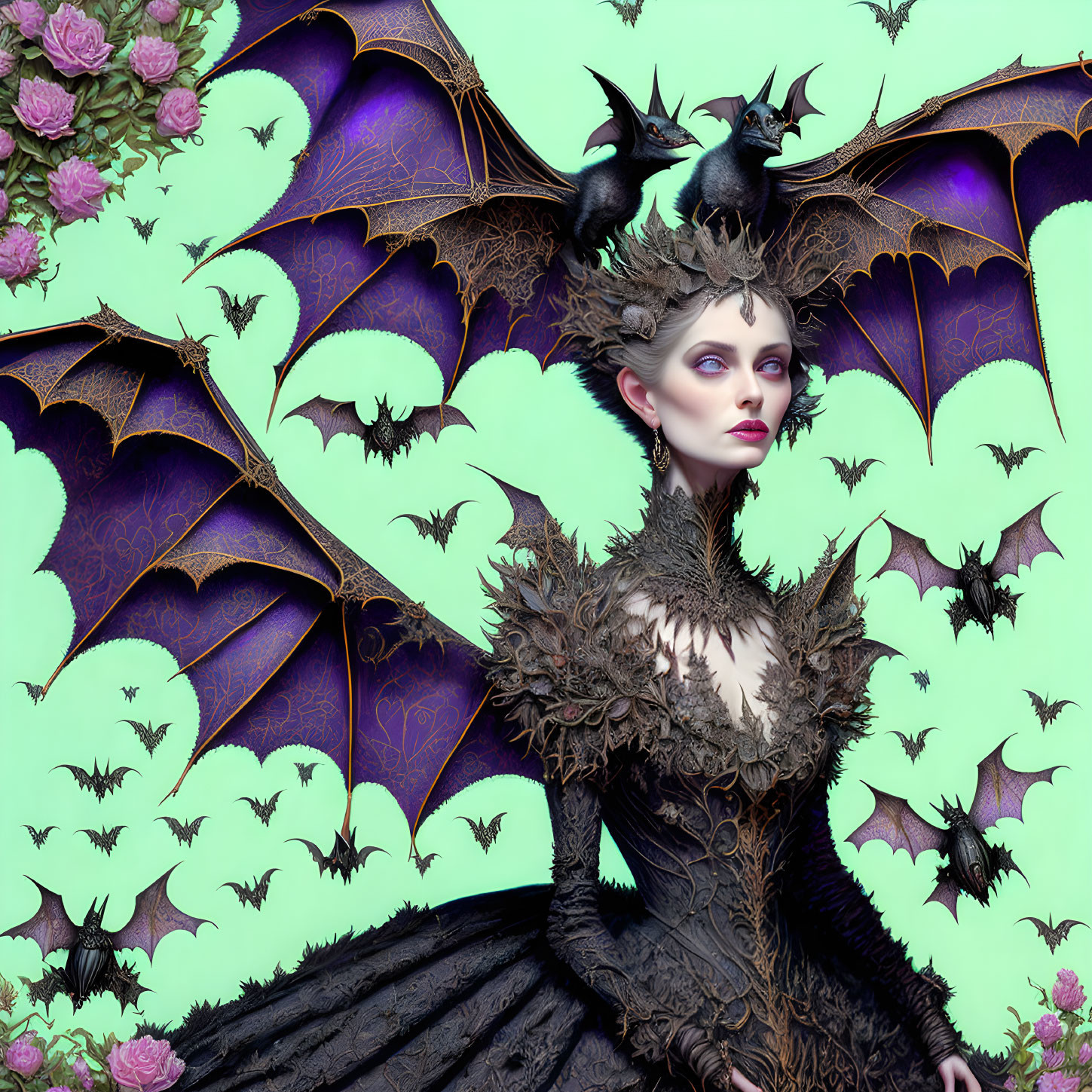 Gothic-style woman with bat wings and crown of thorns on floral teal background