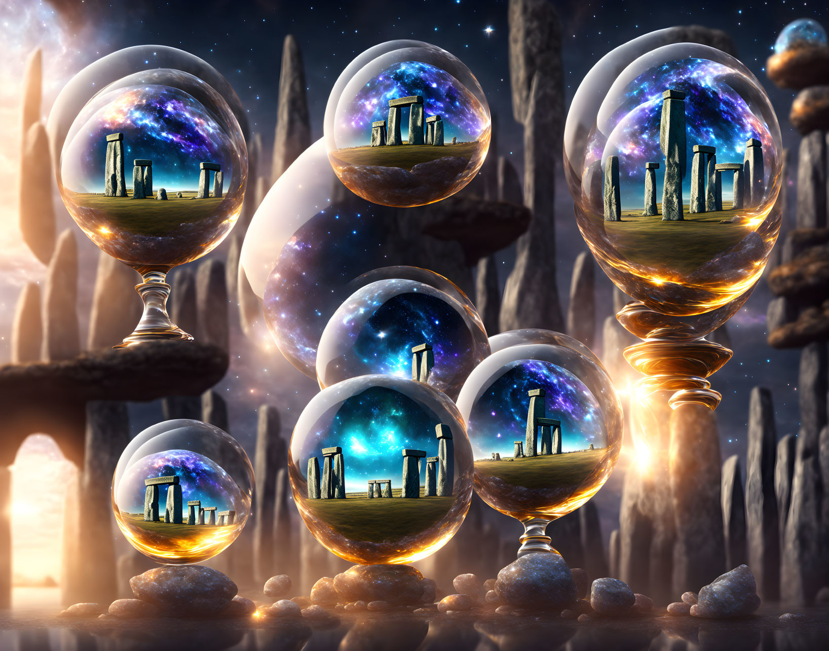 Fantasy Landscape: Crystal Balls, Stone Ruins, Cosmic Sky