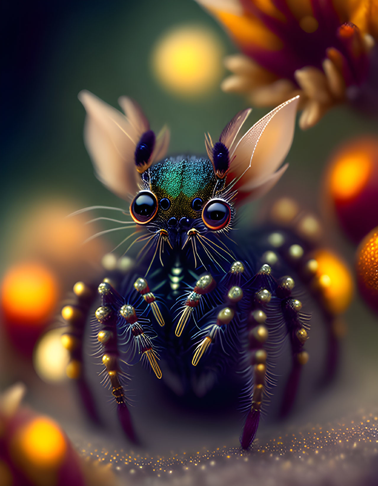 Multicolored jumping spider with dewy eyes in digital art