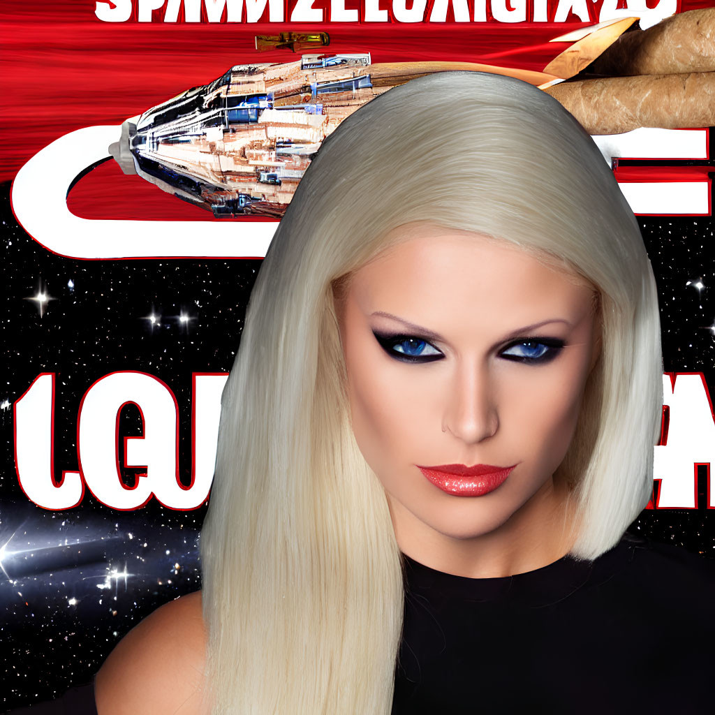 Platinum Blonde Woman with Blue Eyeshadow in Cosmic Scene