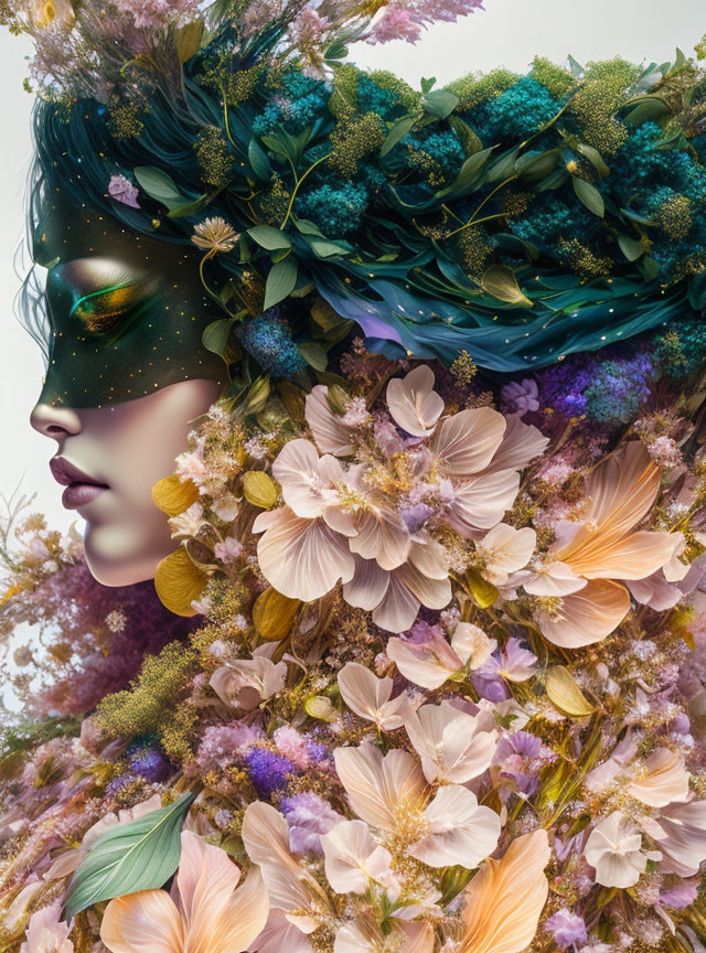 Colorful floral mask and crown on masked person.