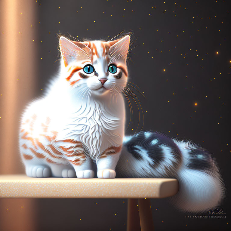 Fluffy orange and white kitten with blue eyes on night sky backdrop