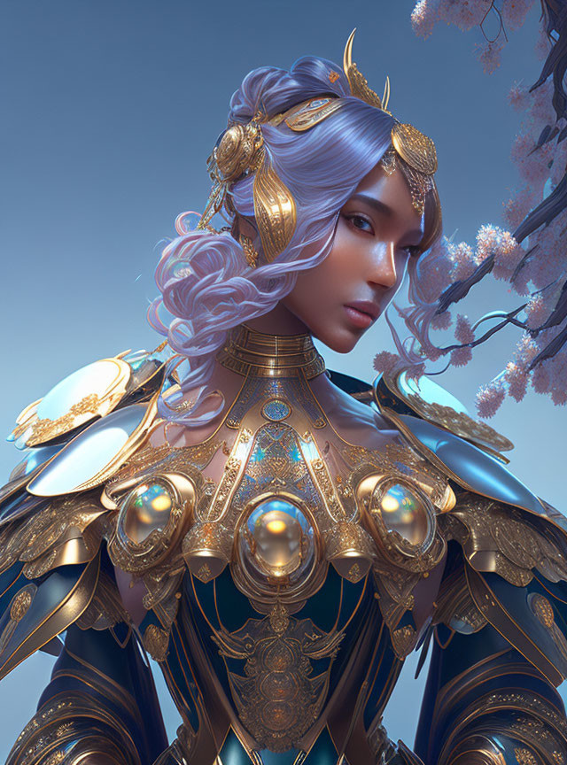 Digital Artwork: Woman with Silver Hair in Golden Armor Amid Cherry Blossoms