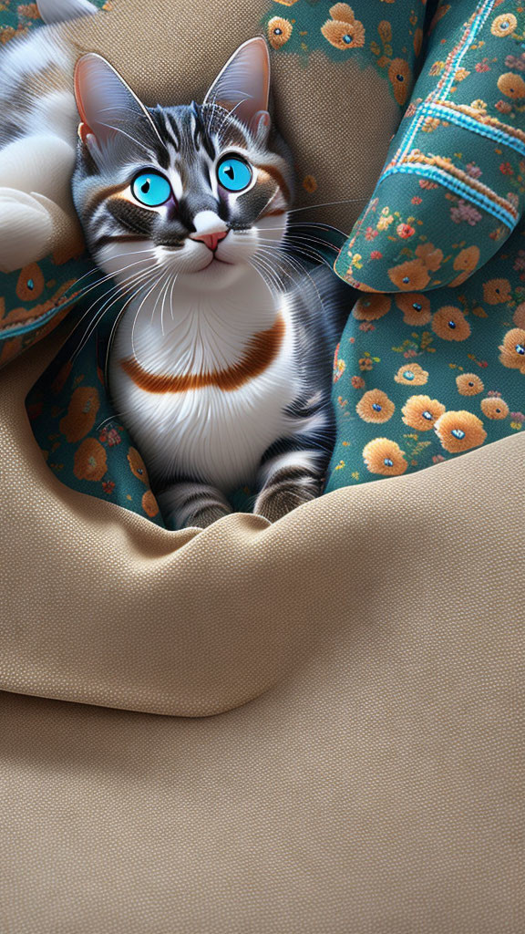 Tabby cat with blue eyes in floral fabric nook gazes curiously