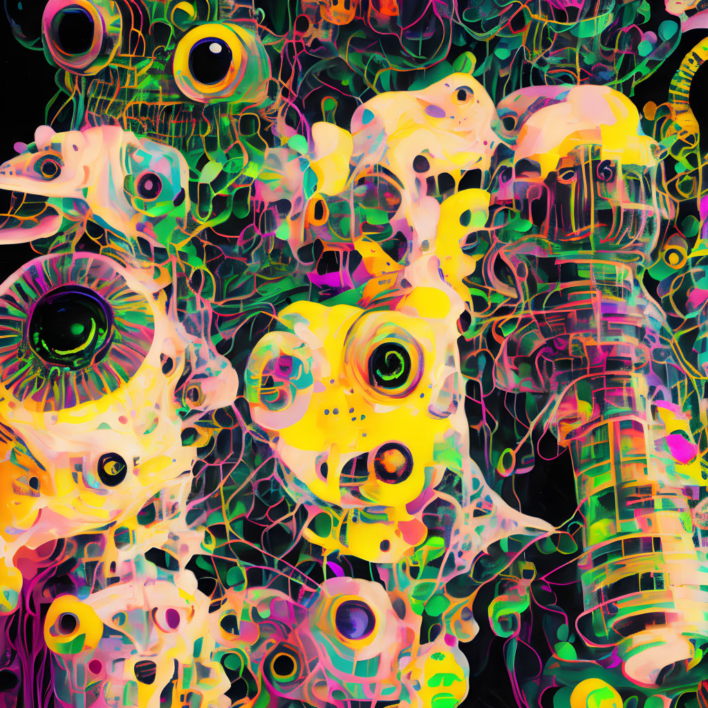 Vibrant psychedelic digital art with cartoon creatures & bold eyes