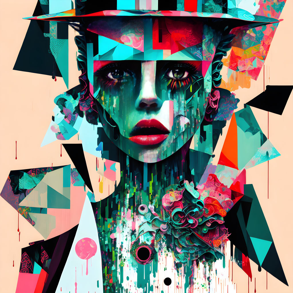 Colorful Geometric Digital Collage Portrait with Abstract Patterns