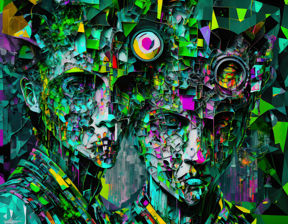 Vibrant digital collage of two fragmented humanoid faces with geometric shapes