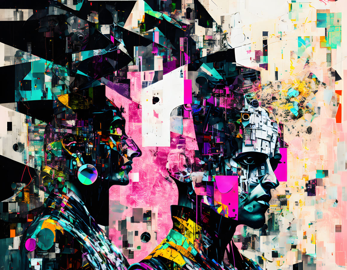 Abstract geometric shapes and colorful faces in vibrant digital collage