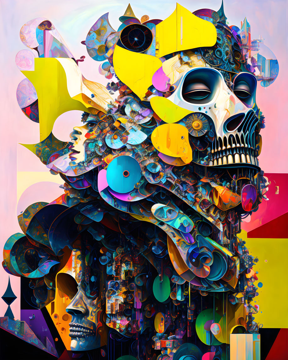 Colorful Abstract Artwork with Skull and Geometric Shapes