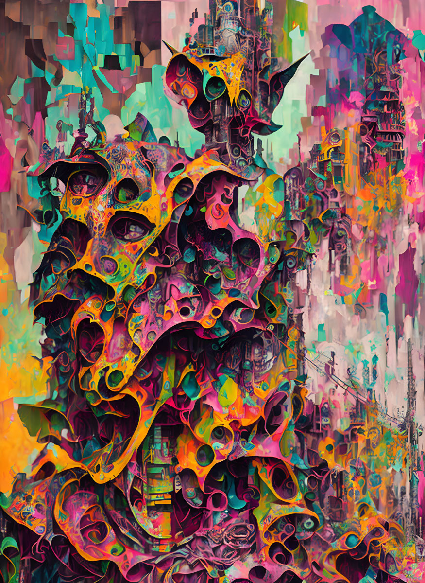 Abstract digital artwork: Distorted faces in psychedelic colors with urban skyline elements