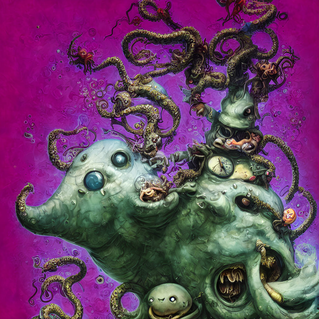 Surreal green creature with octopus-like tentacles and faces on purple background