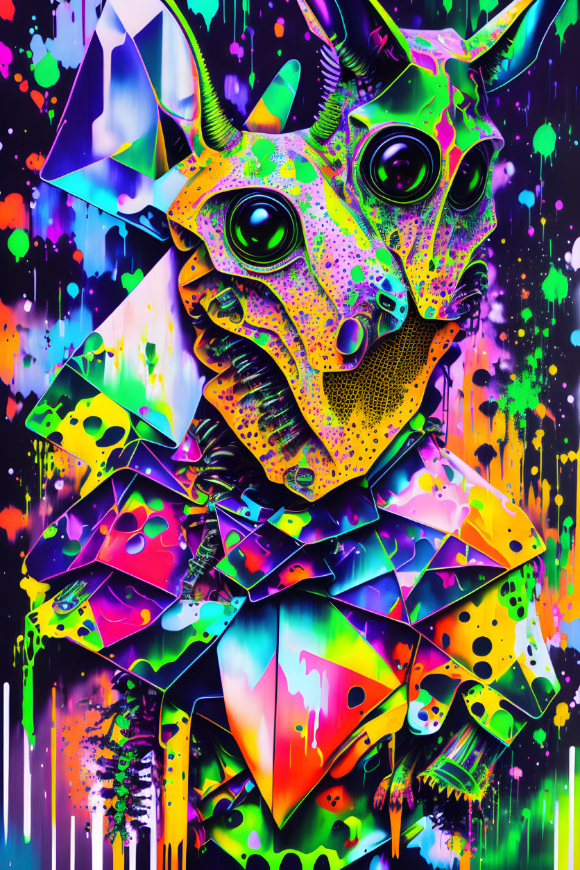 Colorful geometric animal art on neon backdrop