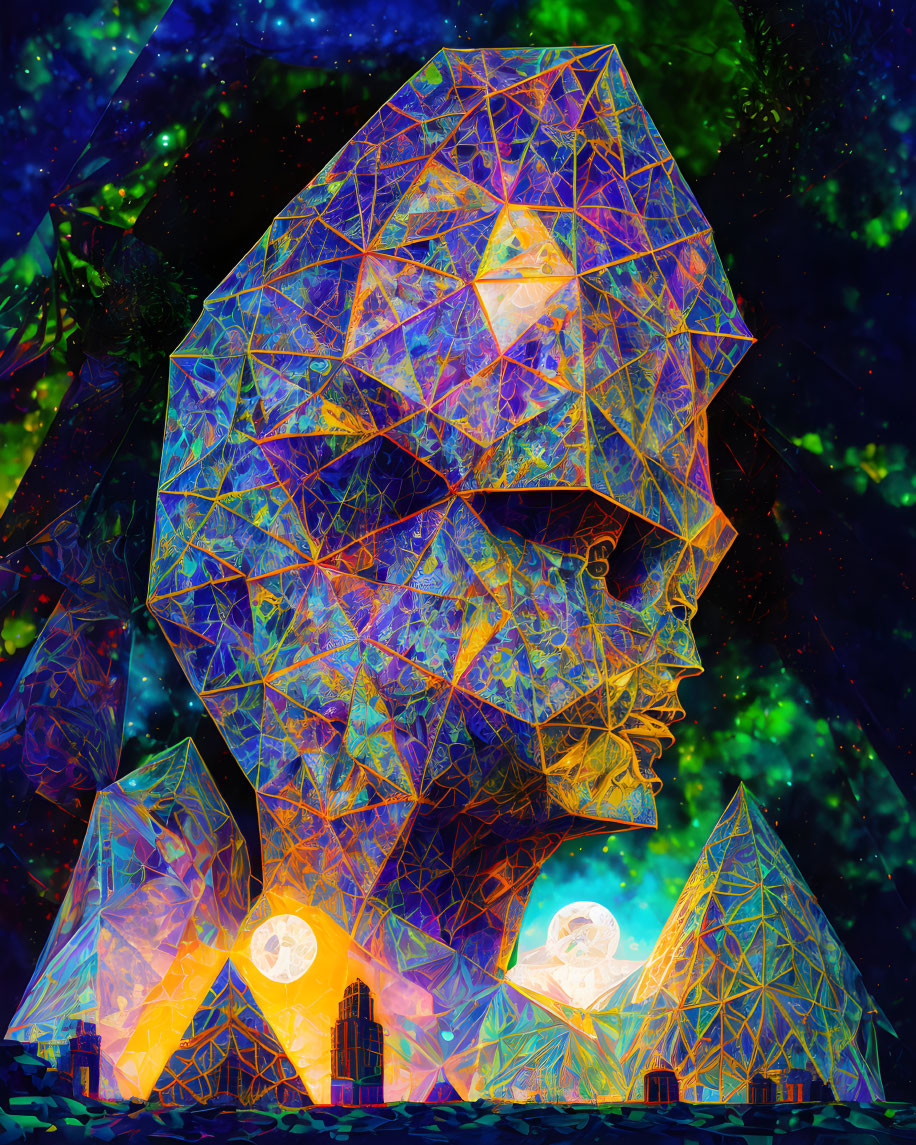 Colorful digital artwork: Geometric shapes create head silhouette with pyramids & stars