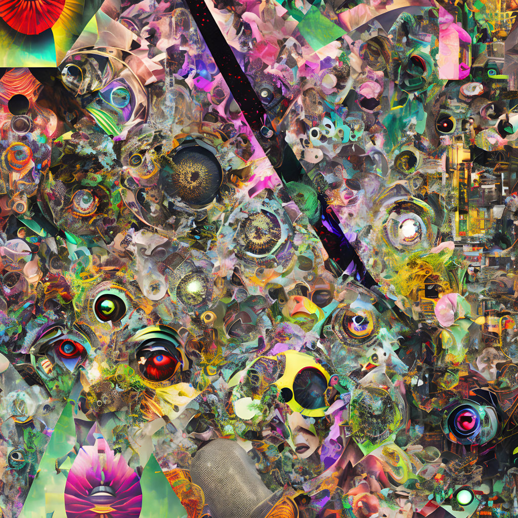 Colorful Abstract Digital Collage with Eyes and Mechanical Parts