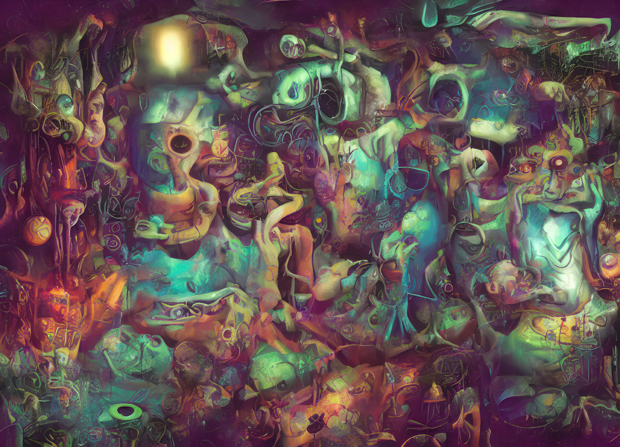 Vibrant abstract digital art with surreal shapes and faces