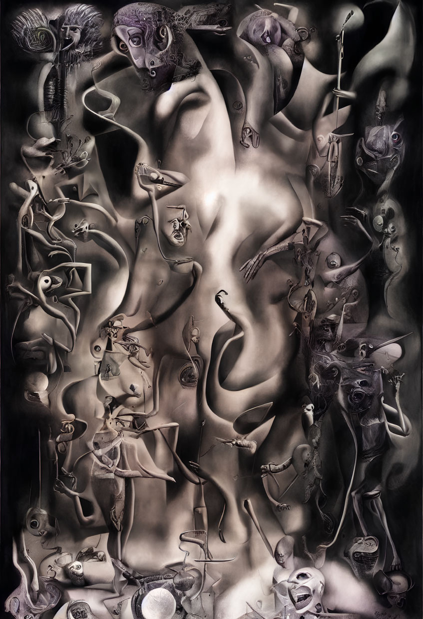 Monochromatic surrealistic artwork with humanoid figure and abstract faces