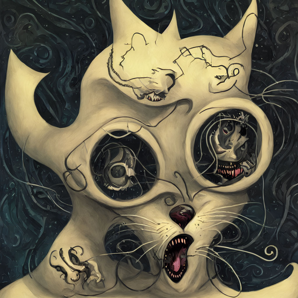 Surreal multi-eyed cat with cracked skull revealing another cat in swirling dark background